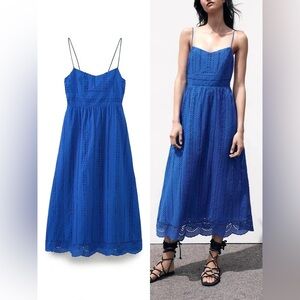 NWOT Zara Royal Blue Cotton Midi Dress - Eyelet
